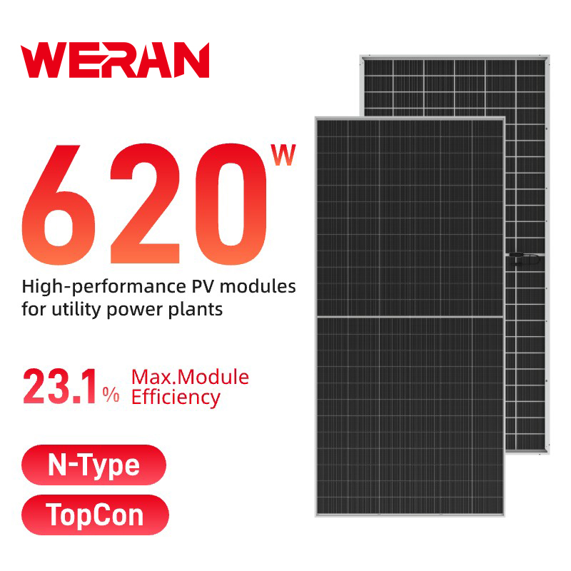 WERAN 595-625W Panel Surya Bifasial Format Besar – Modul PV Kaca Ganda OEM untuk Proyek Utilitas, EPC, dan Grosir